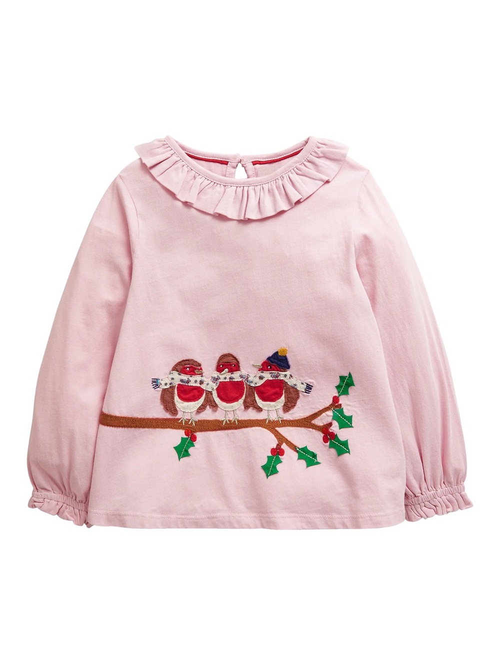NWT Mini Boden Girls' Pink Ruffle Neck Long-Sleeve Top with Bird Applique